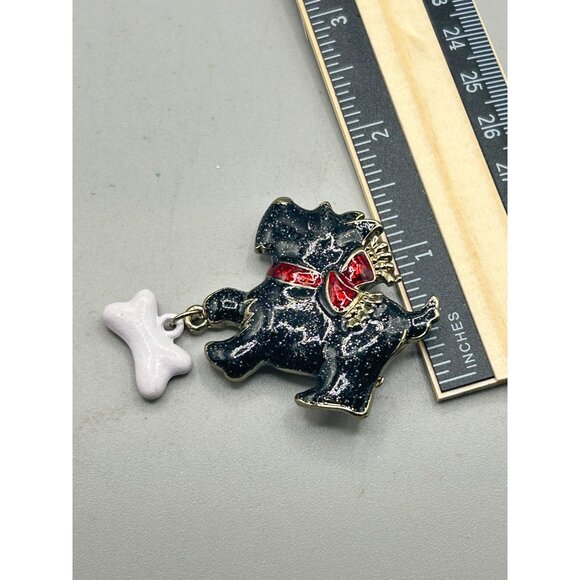 Vintage Enamel Scottie Scottish Terrier Dog Bone Brooch Pin Black Enamel Red Bow - Picture 5 of 5